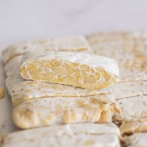 Raw blocks of fresh soybean tempeh stacked on a counter, showing how to cook tempeh from scratch