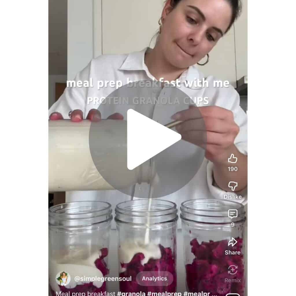 Step-by-step video tutorial showing how to make granola cups with fresh fruit and plant-based yogurt for a healthy meal prep breakfast.