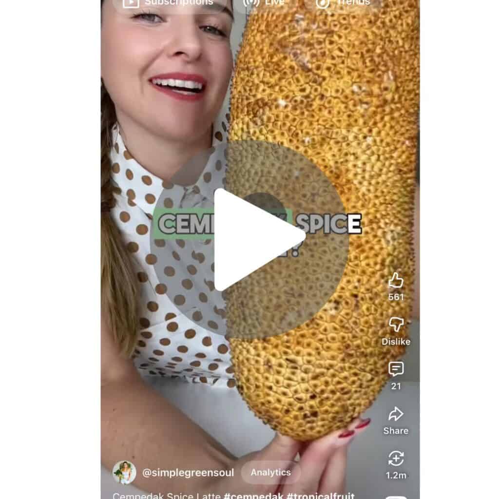 Still frame from a viral YouTube video previewing how to make a creamy spiced cempedak latte at home.
