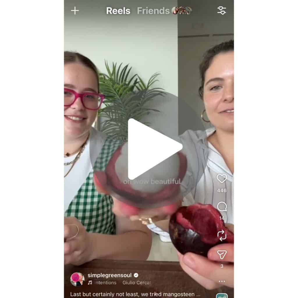 A screenshot of an instagram video of girl sharing the purple asian fruit mangosteen