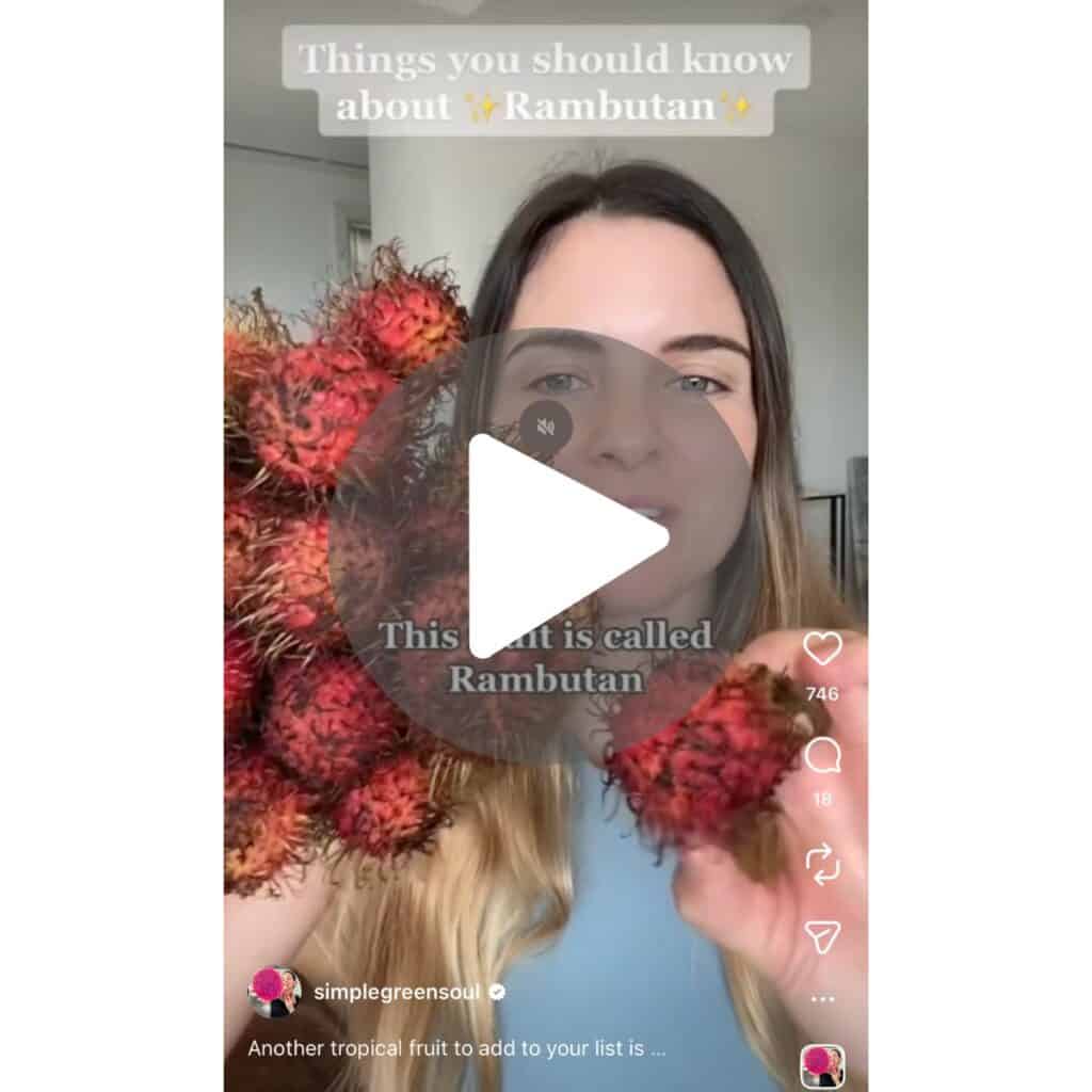 A screenshot of a video of a girl sharing details about the red hairy Asian fruit, rambutan