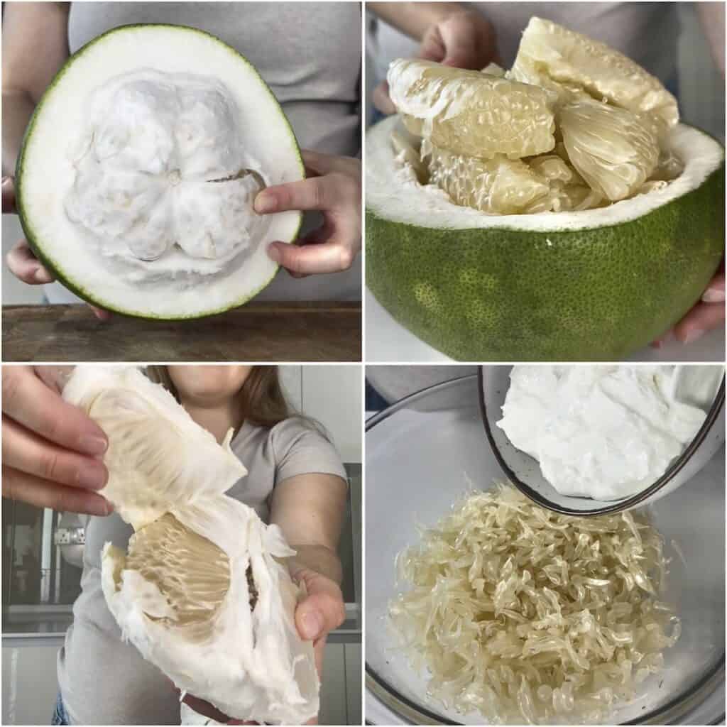 A 4-step collage showing a whole pomelo being peeled, the segments being separated, and the fruit pieces being mixed with Greek yogurt and white chocolate chips in a large glass bowl.