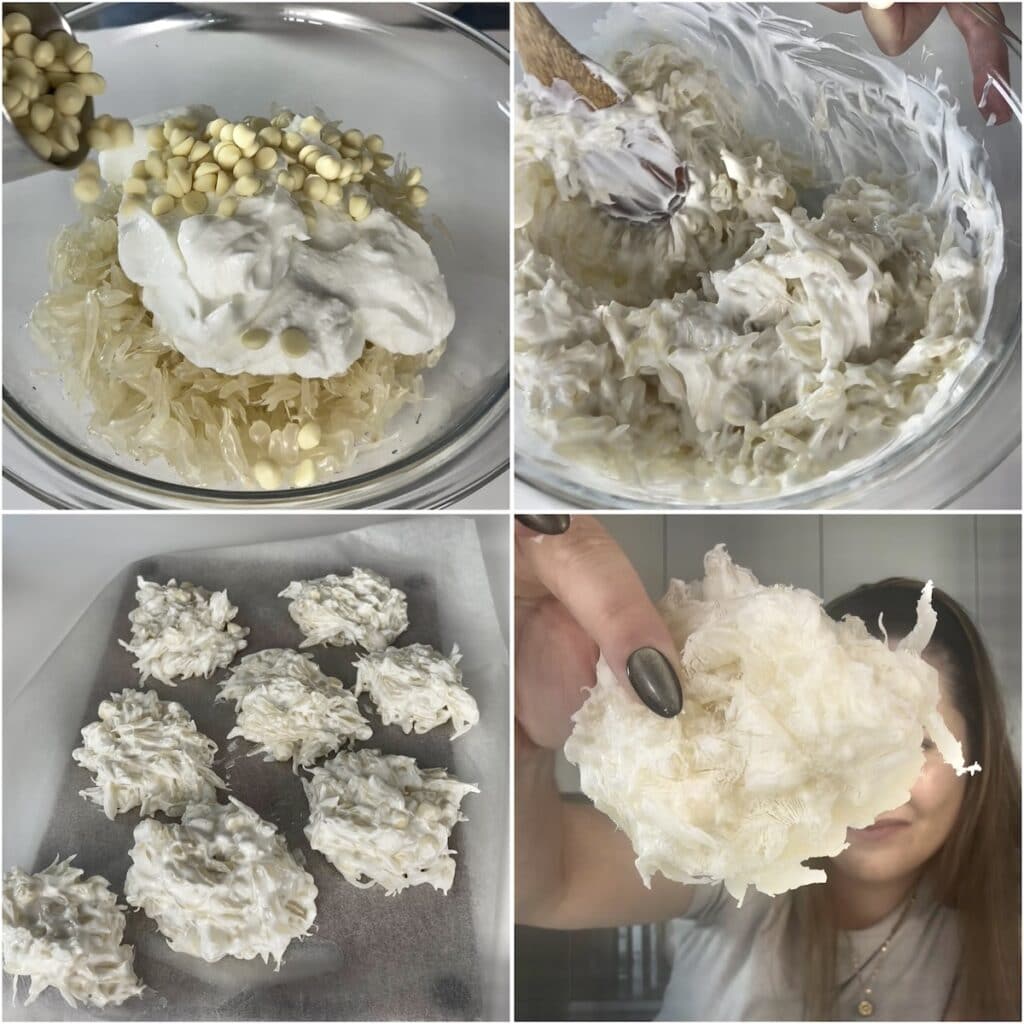 A 4-step collage showing how to make pomelo yogurt bites: adding pomelo and white chocolate chips to Greek yogurt, stirring the mixture, spooning portions onto a tray, and the final frozen bites.