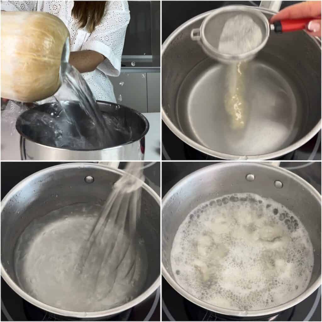 A step-by-step collage showing how to infuse and simmer the rambutan jelly base: pouring coconut water into a pot, whisking agar agar powder into the liquid, adding the fresh rambutan pieces, and bringing the mixture to a gentle boil on the stove.