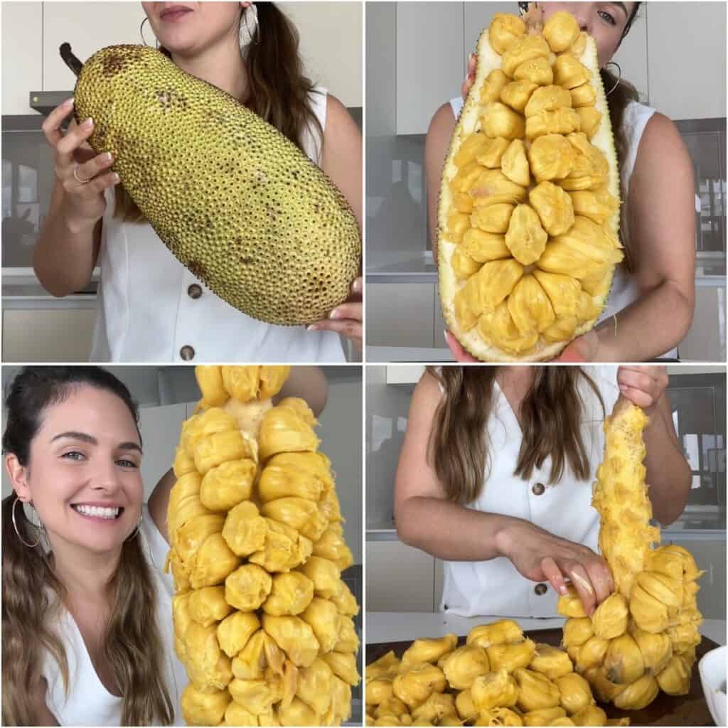 Four-pane collage illustrating the clean method for opening cempedak: scoring the stem, slicing the rind vertically, peeling back the skin, and harvesting the fresh fruit pods