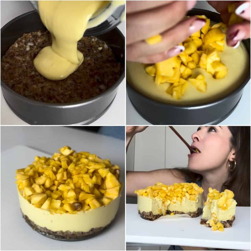 A four-panel step-by-step process showing the final assembly and serving of a dairy-free jackfruit cheesecake: pouring a thick, creamy yellow filling over a date crust in a tin, smoothing the top with a spatula, scattering freshly diced jackfruit pieces across the surface, and showcasing a slice cut out of the final set cake next to someone taking a bite.