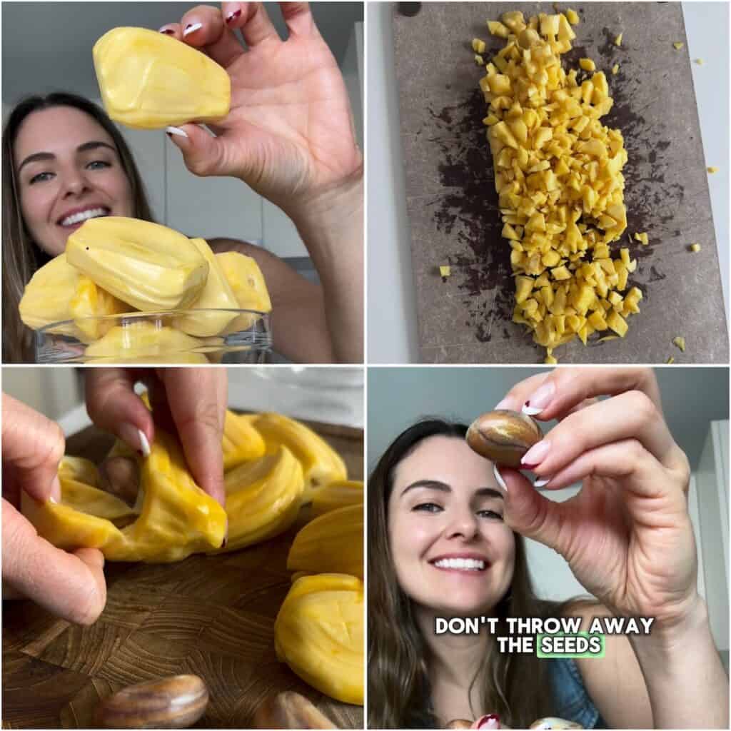 A four-panel step-by-step process showing how to harvest fresh jackfruit seeds for a dairy-free jackfruit cheesecake: holding up a whole ripe yellow jackfruit pod, finely dicing the vibrant yellow fruit on a cutting board, slicing open a fresh pod to reveal the large seed inside, and showcasing the extracted raw jackfruit seed.