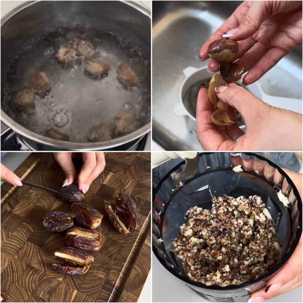 A four-panel step-by-step process for making a dairy-free jackfruit cheesecake crust: boiling jackfruit seeds in a pot, peeling the hard outer shells off the cooked seeds by hand, slicing open sweet Medjool dates on a wooden cutting board, and blending the dates and seeds together in a food processor into a sticky crumble.