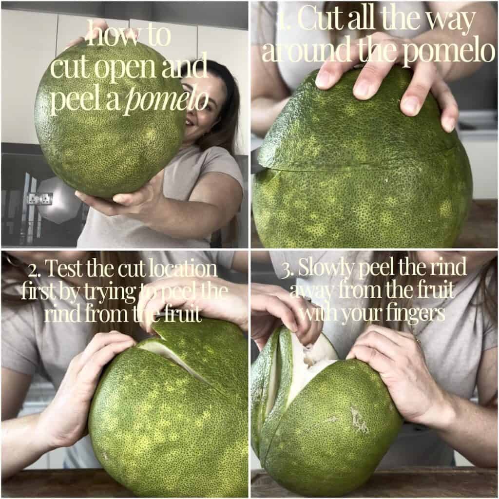 Four-panel guide showing steps to cut a pomelo in half.