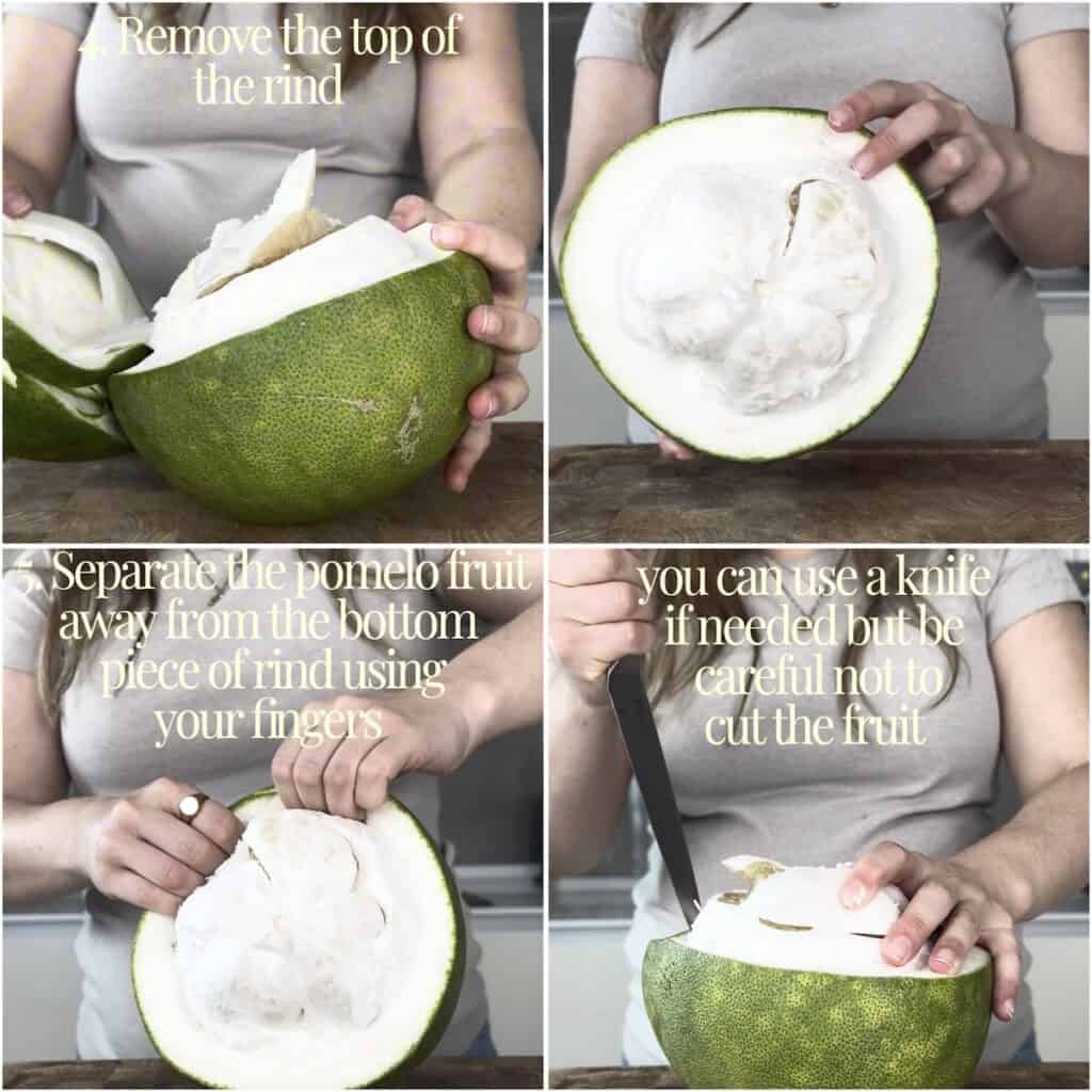 Four-panel guide showing steps to lift the top half of the green pomelo rind and pry the fruit from the bottom rind.