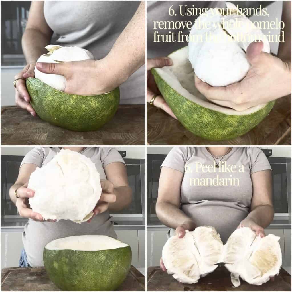 Four-panel guide showing steps to lift the whole pomelo fruit out of the rind and peel.