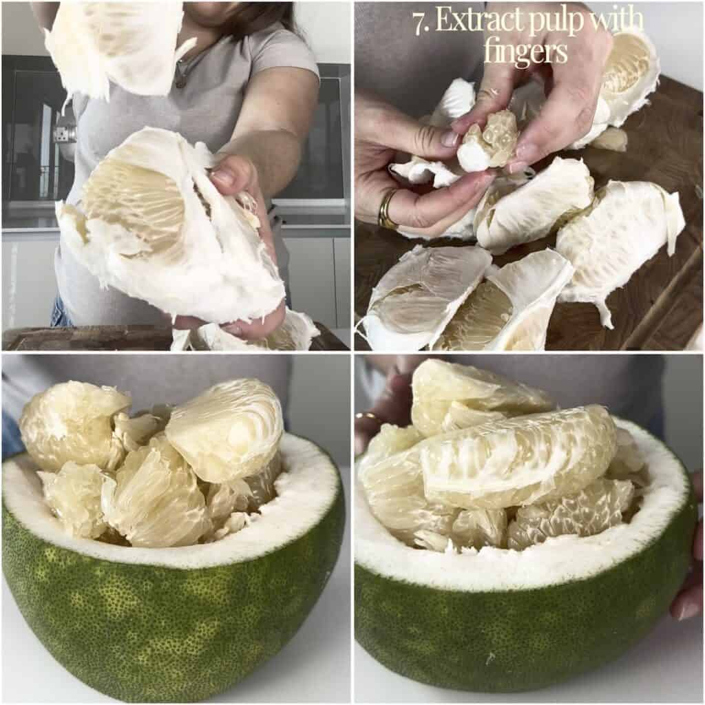 Green pomelo rind halved horizontally and filled with a mound of peeled, juicy yellow fruit segments.