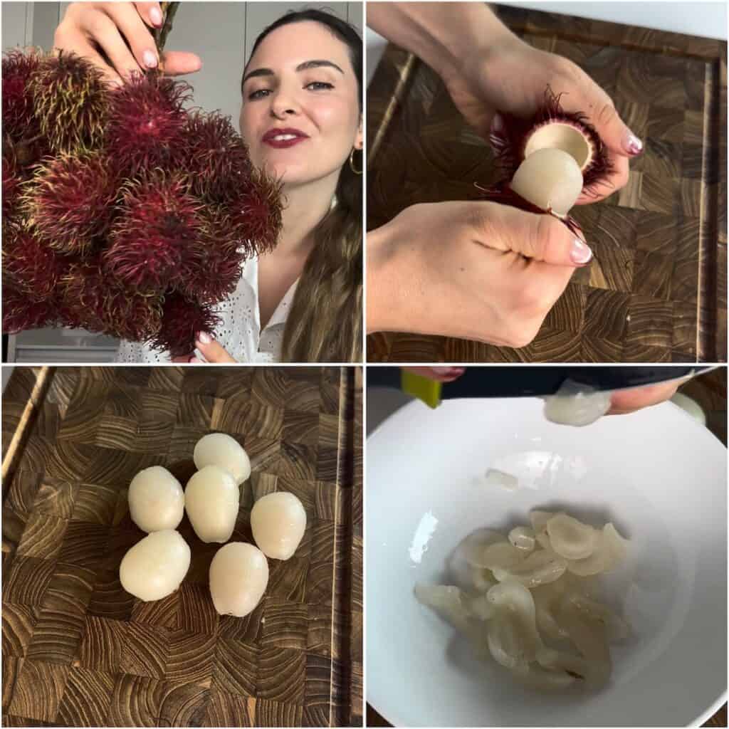 A step-by-step collage showing how to prepare rambutans for jelly: peeling the hairy outer skin, slicing the translucent white flesh away from the seed, a cluster of pitted rambutan halves, and placing the fruit into a glass bowl.