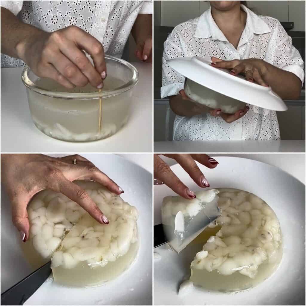 A step-by-step collage showing how to unmold and slice the coconut rambutan jelly: running a toothpick around the inside edge of the container to release the sides, flipping a serving plate upside down over the mold, carefully lifting the bowl to release the intact clear pudding, and slicing it into portions on a white plate.