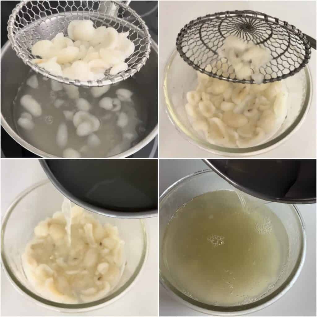 A step-by-step collage showing how to pour and layer the coconut rambutan jelly: pouring a small amount of hot liquid over the rambutan pieces in a glass mold, freezing for 10 minutes to set the base layer, pouring the remaining hot liquid on top, and placing the final container into the refrigerator to chill completely.
