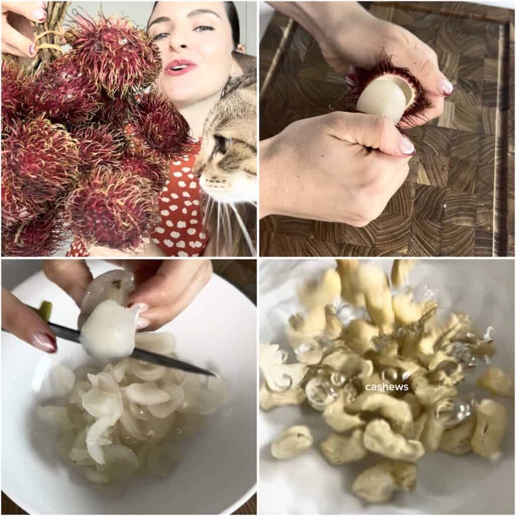 A four-panel grid showing the step-by-step preparation of a vegan rambutan cheesecake: the top-left pane shows fresh, hairy rambutan fruits being inspected by a cat; the top-right shows a hand cutting a crust ingredients on a wooden board; the bottom-left shows peeled, translucent rambutan flesh in a bowl being sliced; the bottom-right shows raw cashews soaking in water.