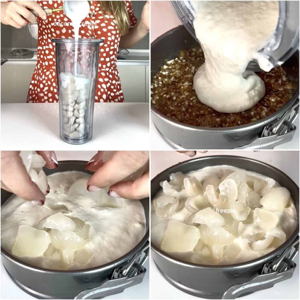 A four-panel process grid showing how to make and assemble the rambutan cheesecake filling: the top-left pane shows coconut cream being poured into a blender cup over raw cashews; the top-right shows the smooth, creamy white filling being poured out of a pan onto a dark, crumbly crust in a springform pan; the bottom-left shows hands placing fresh, peeled rambutan flesh pieces onto the smooth filling; the bottom-right shows the top of the cheesecake completely covered with fresh rambutan pieces, ready to freeze.