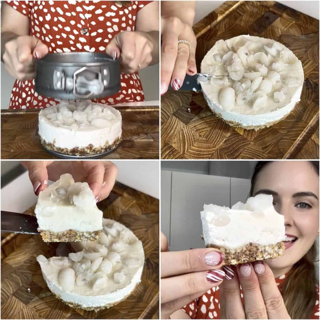 A four-panel grid showing a finished no-bake vegan rambutan cheesecake being sliced and served: the top-left panel shows a smooth white cheesecake with a dark crust being removed from a springform pan; the top-right shows the cheesecake fully released onto a wooden board, heavily topped with chopped rambutan; the bottom-left shows a knife lifting a clean slice of the cake, revealing its thick, creamy filling layer; the bottom-right shows a woman smiling and holding up a slice of the finished cheesecake close to the camera, showcasing its texture and the fresh fruit topping.
