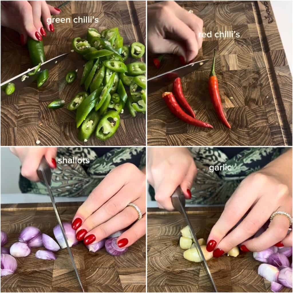 Preparing the fresh aromatics for green curry tempeh by slicing green chillies, red chillies, shallots, and garlic.