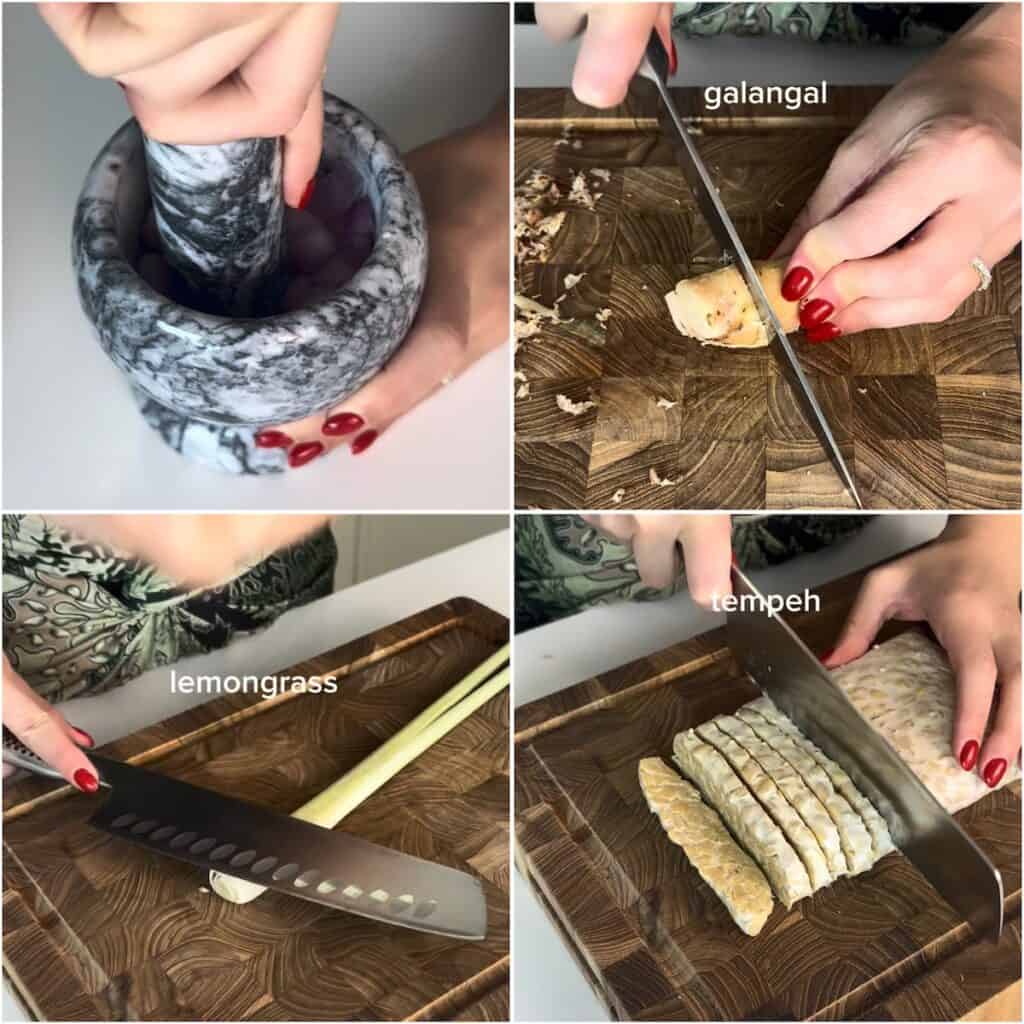 Preparing green curry tempeh by crushing shallots, slicing galangal, bruising lemongrass, and cutting tempeh.