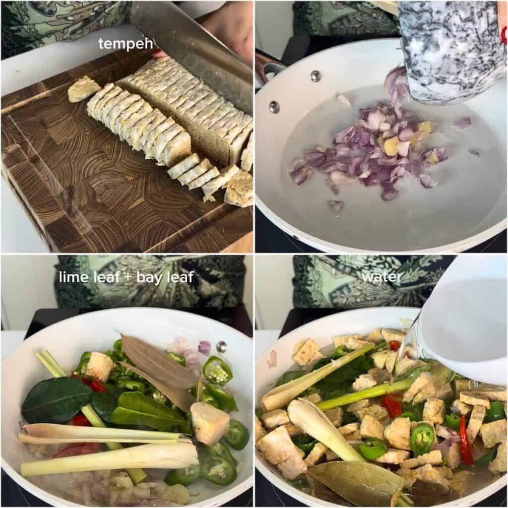 Adding fresh aromatics, tempeh, herbs, and water to the pan to make green curry tempeh.