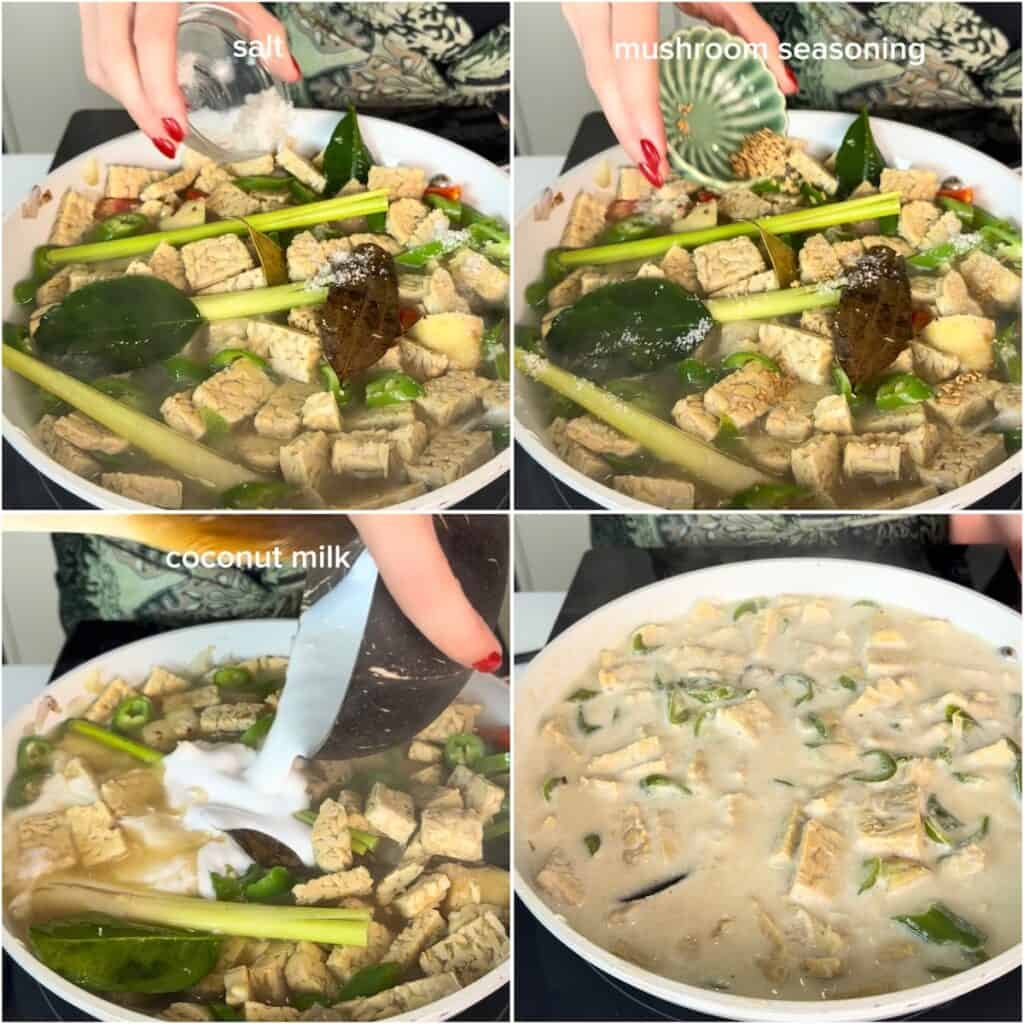 Adding coconut milk and seasonings to finish creamy green curry tempeh.