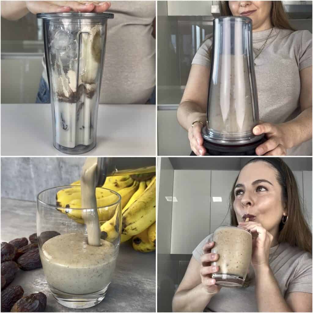 Blending a creamy date smoothie with banana, dates, soy milk, cinnamon, vanilla, and optional protein powder before serving.
