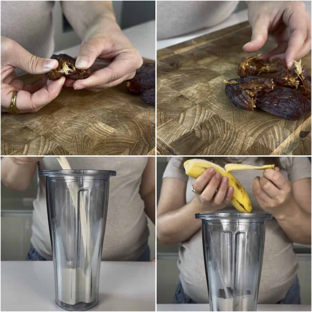Removing the pits from Medjool dates and adding soy milk and banana to a blender to make a date banana smoothie for pregnancy.