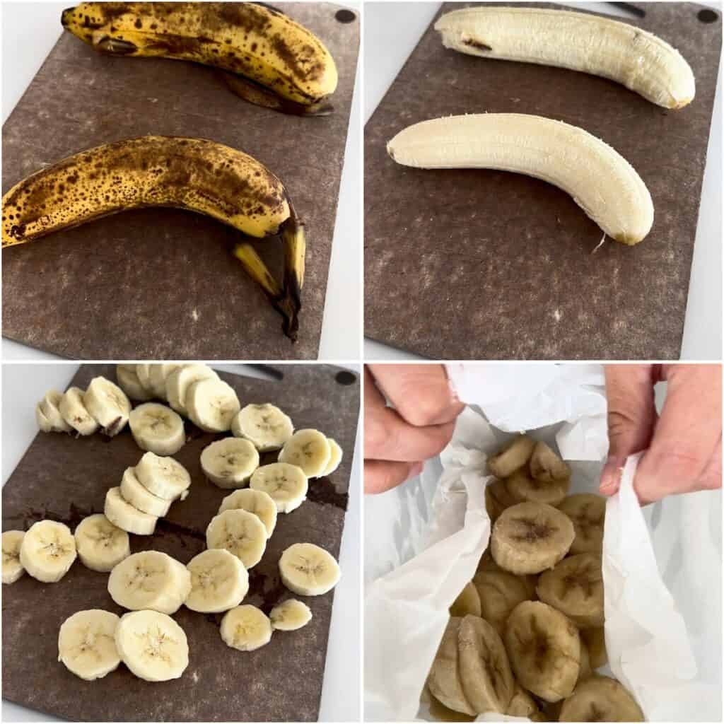 How to make banana ice cream by peeling ripe bananas, slicing them into coins and freezing them before blending into creamy banana nice cream.