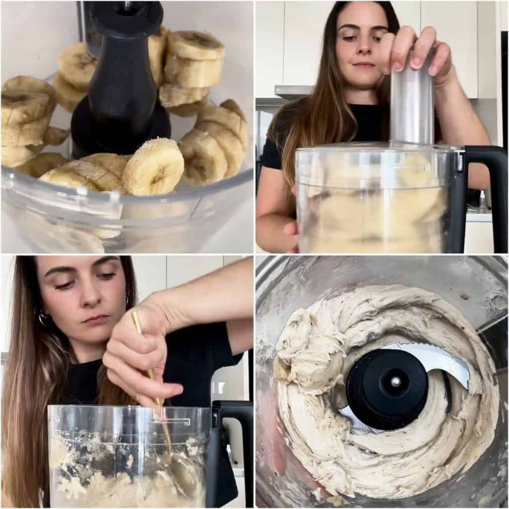 Banana ice cream recipe food processor method showing frozen bananas blending into smooth and creamy banana nice cream.