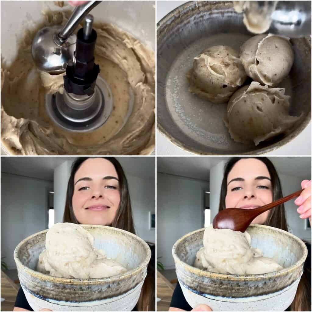 Scooping homemade banana nice cream made in a food processor using frozen bananas for an easy healthy banana ice cream recipe.