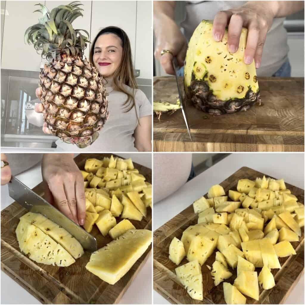 How to make pineapple juice without a juicer by peeling and cutting a fresh pineapple into chunks