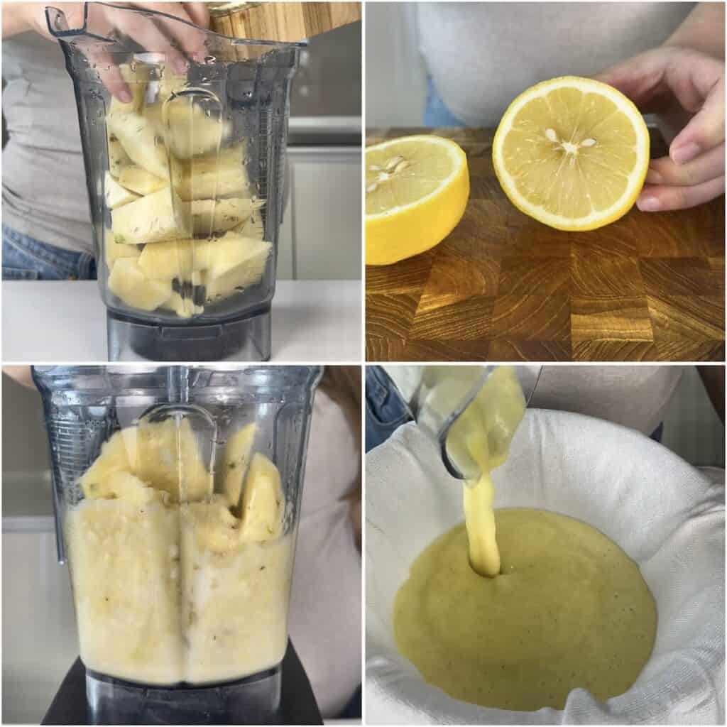 Blending fresh pineapple with lemon to make homemade pineapple juice before straining through a cheesecloth