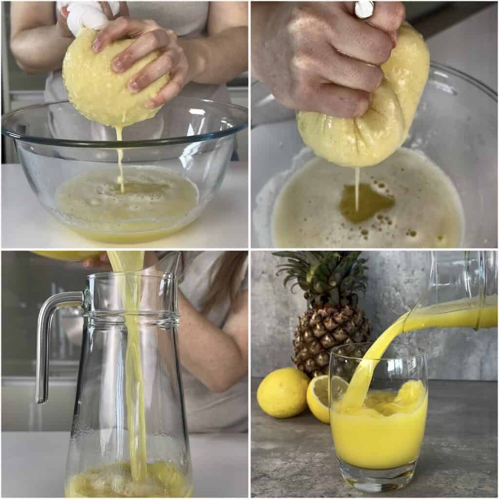 Straining homemade pineapple juice through a cheesecloth before pouring into a pitcher and serving over ice