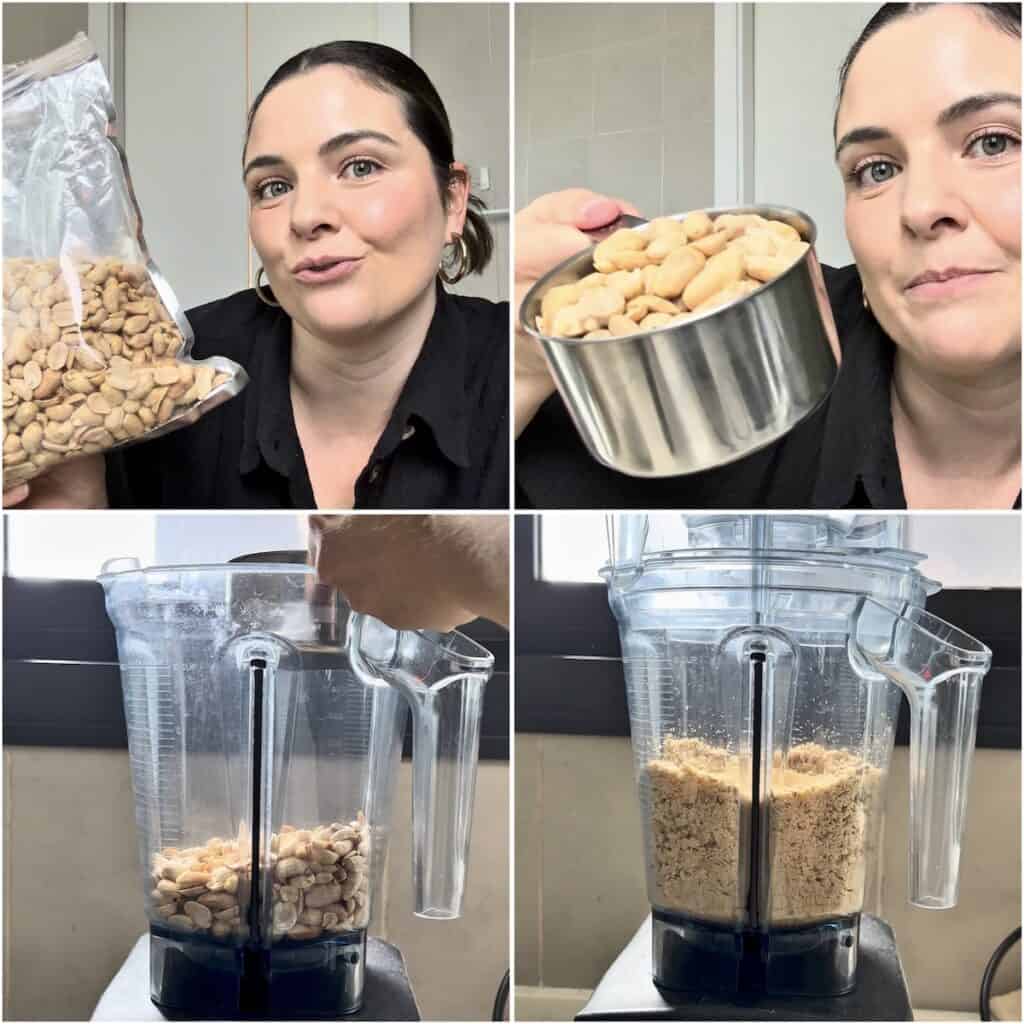 Roasted peanuts measured and added to a Vitamix, then blended into coarse peanut crumbs.