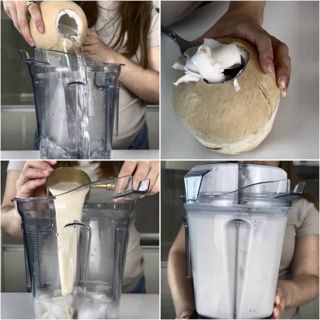 How to make a coconut shake by adding fresh coconut water, coconut meat, coconut milk, and ice to a blender before blending smooth.