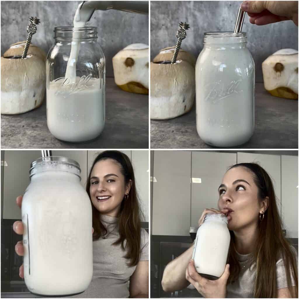 Pouring and serving a creamy coconut smoothie using coconut water and coconut milk in a mason jar before enjoying.