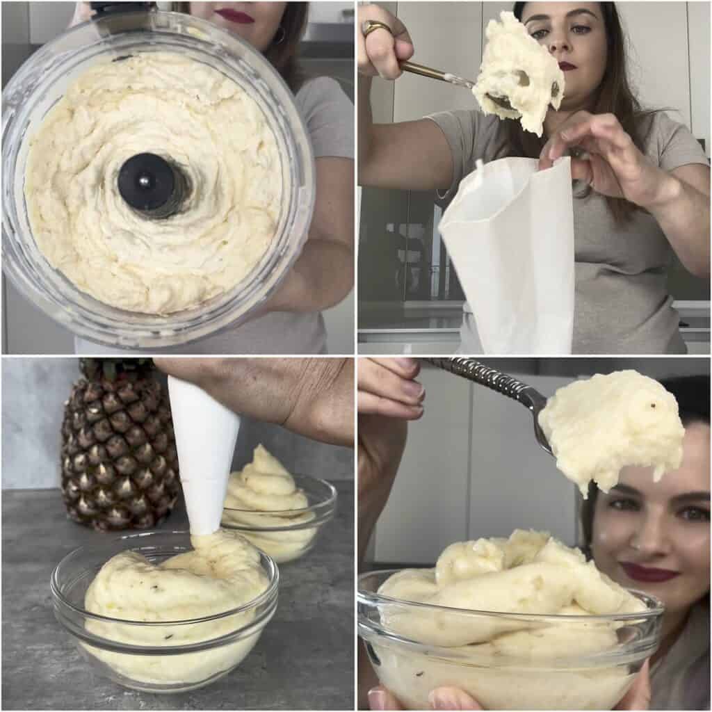 Homemade pineapple Dole Whip being blended, transferred to a piping bag and served in a bowl.