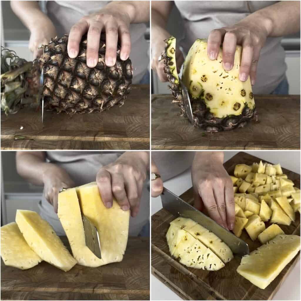 Fresh pineapple being peeled, cored and cut into small chunks for a pineapple whip recipe.