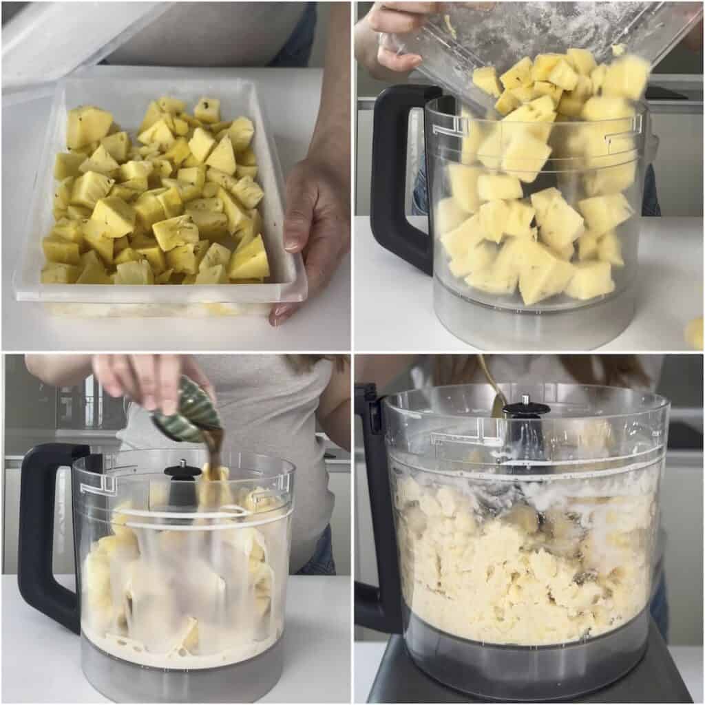 Frozen pineapple, coconut cream, maple syrup and salt combined in a food processor to make pineapple whip.